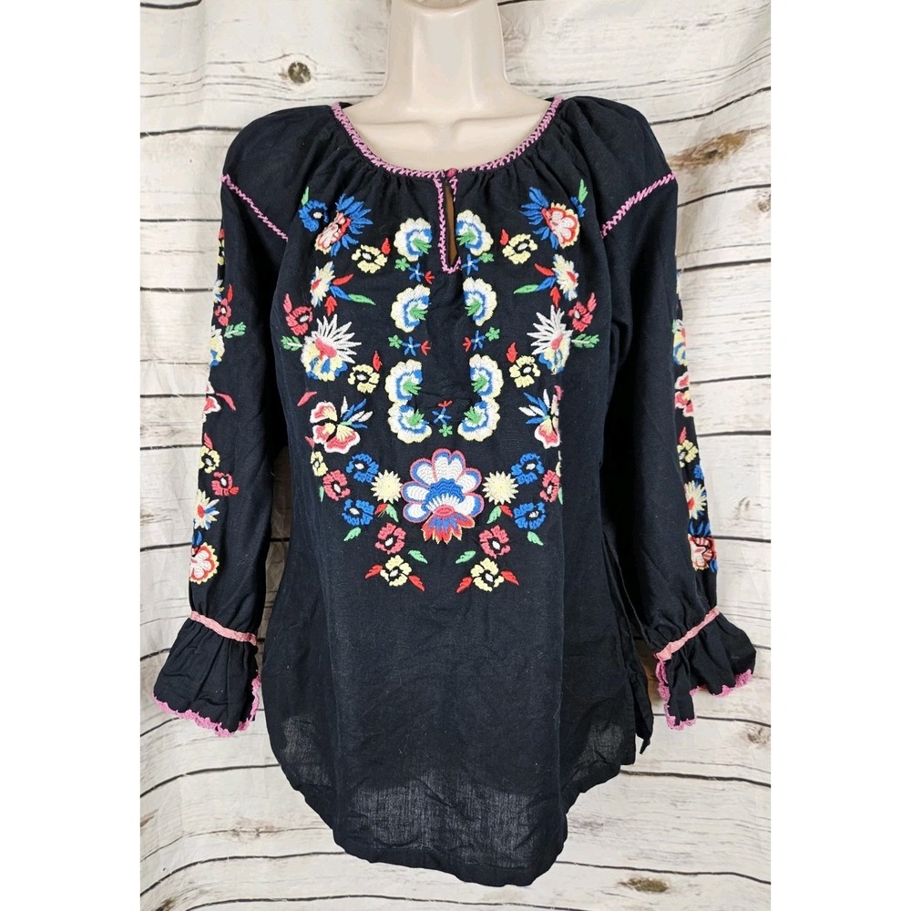 J Peterman Black Embroidered Floral Peasant Top XS Linen Blend Boho Cottagecore